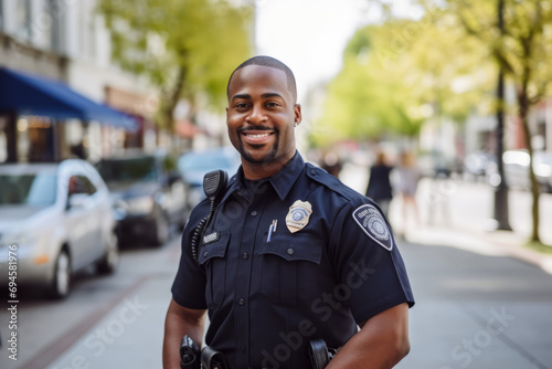 Portrait of happy african american police officer standing on street photo
