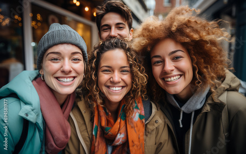 Portrait of a group of friends standing in the street and smiling.