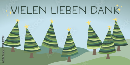 Vielen lieben Dank - Schriftzug in deutscher Sprache. Dankeskarte mit Weihnachtsbäumen.