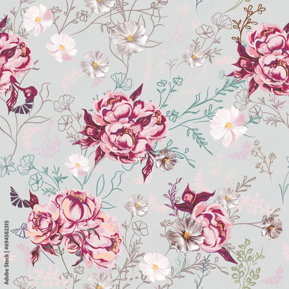 Vintage vector pattern with peony flowers