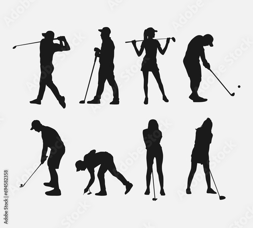 golf player silhouette collection. isolated on white background. sports theme, hobby. graphic vector illustration.