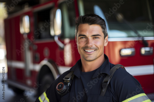 Portrait of smiling fireman standing in front of firetruck