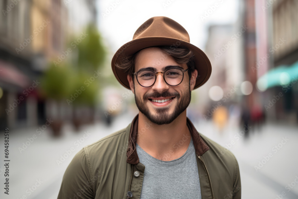 Portrait of a smiling young man in hat and glasses standing outdoors Portrait of a smiling young man in hat and glasses standing outdoors