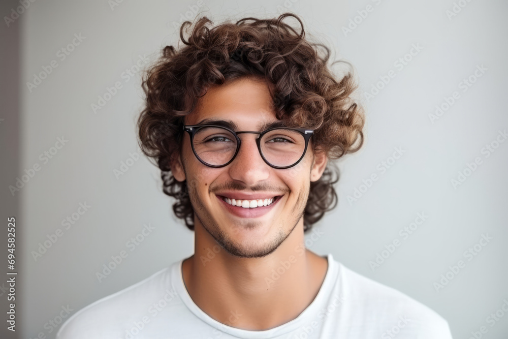 Closeup portrait of a handsome young man with curly hair and glasses
