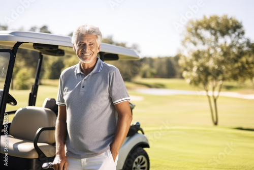 Portrait of happy senior man standing with golf cart on golf course