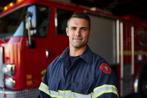 Portrait of smiling fireman standing in front of firetruck