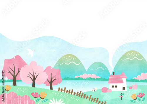 桜の咲く春の自然の風景 水彩と吹き出しの背景フレーム
