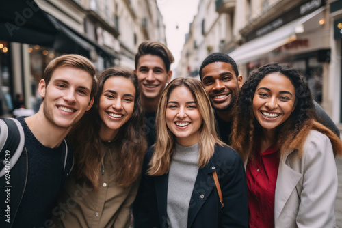 Multiethnic group of friends taking a selfie on the street.