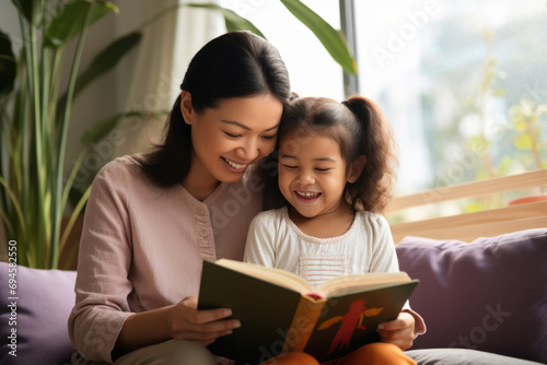 Mother and daughter reading a book together at home. Education concept.