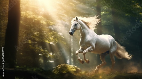 Freedom concept with Beautiful white horse running through patch of light in the forest