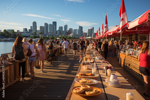 People socializing at a riverfront outdoor dining event during sunset with a city skyline in the background. photo