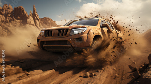 A powerful SUV kicks up dust while speeding along a rugged dirt road in a rocky desert landscape. photo