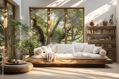 Spacious  sunlit modern living room with large windows offering a tranquil view of nature  featuring a comfortable sofa  bookshelf  and minimalist decor.
