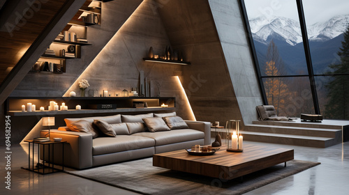 Cozy modern living room with contemporary furniture and warm lighting at evening, featuring a panoramic mountain view through large windows.