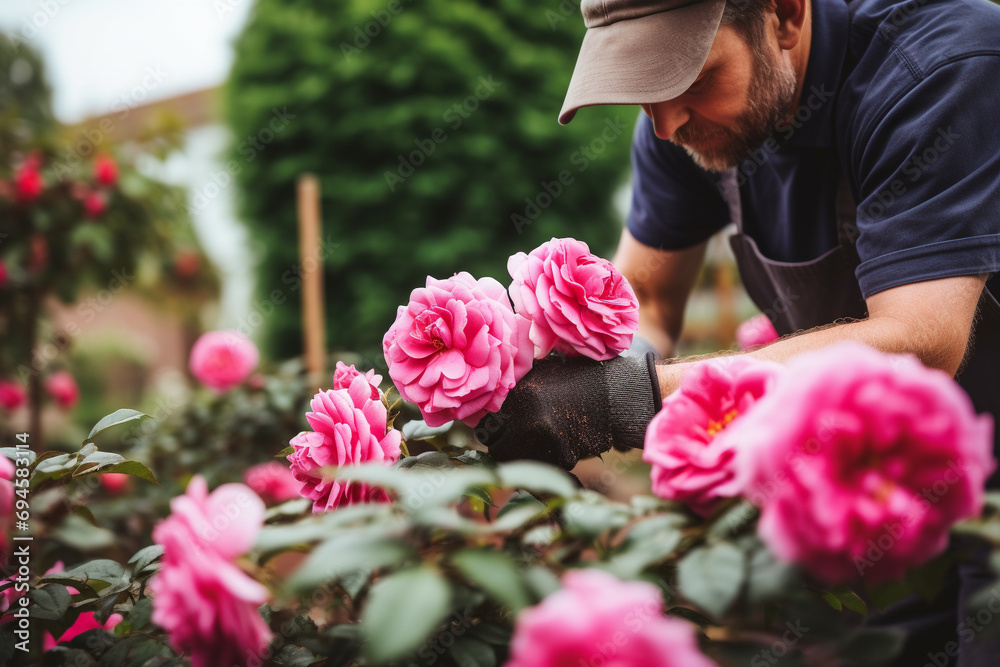 A gardener carefully pruning roses, his hands gentle and experienced A gardener carefully pruning roses, his hands gentle and experienced