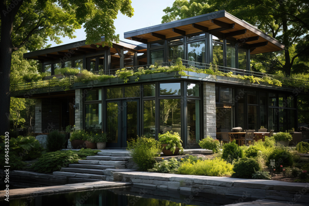 Luxurious modern home with floor-to-ceiling windows nestled in a tranquil garden, featuring a green roof and an inviting outdoor pool. Luxurious modern home with floor-to-ceiling windows nestled in a tranquil garden, featuring a green roof and an inviting outdoor pool.