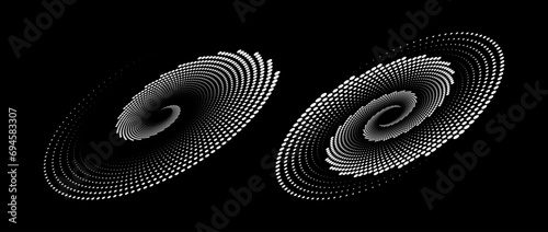 Halftone speed spiral set. White spinning dotted lines in perspective. Radial dot swirl elements for logo, print, poster, template, icon, banner. Round technology illustration. Vector pair