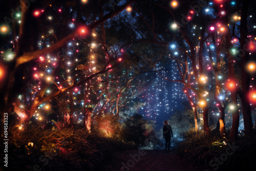 Christmas Lights, Path of Illuminated Trees, Xmass Forest, Exterior