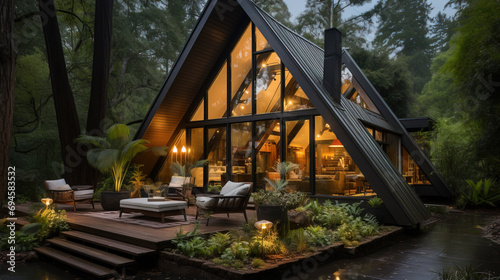Luxurious modern A-frame cabin with warm interior lights, nestled in a forest, reflecting on water at dusk, featuring outdoor seating.