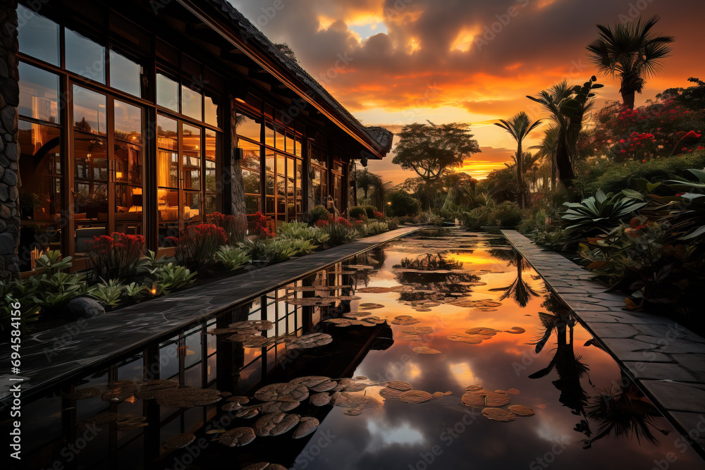 Tranquil tropical resort with reflection pool at sunset, showcasing warm colors and serene garden views.