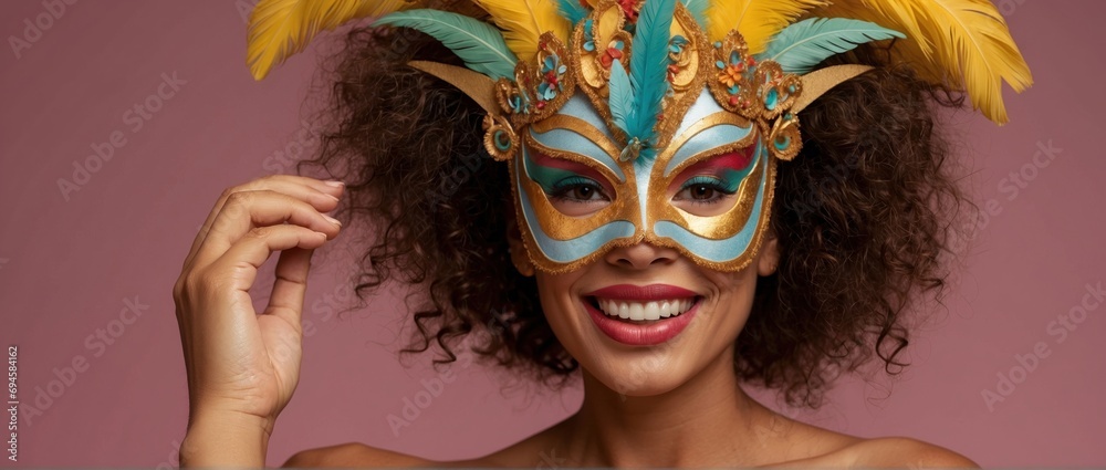Close-up studio shot of woman wearing a colorful and elaborate carnival mask. The mask is decorated with feathers of various colors. Solid color background, contrast with colorful outfit.