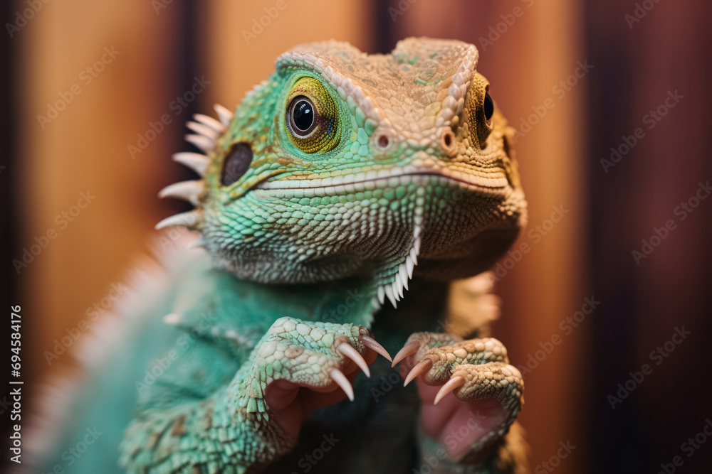 Obraz premium Close-up of a green iguana with detailed scales and spines, perched and staring forward.