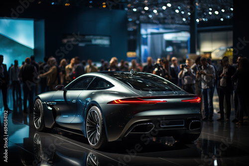 A sleek luxury concept car on display at an auto show with a crowd of spectators in the background. © Pavel