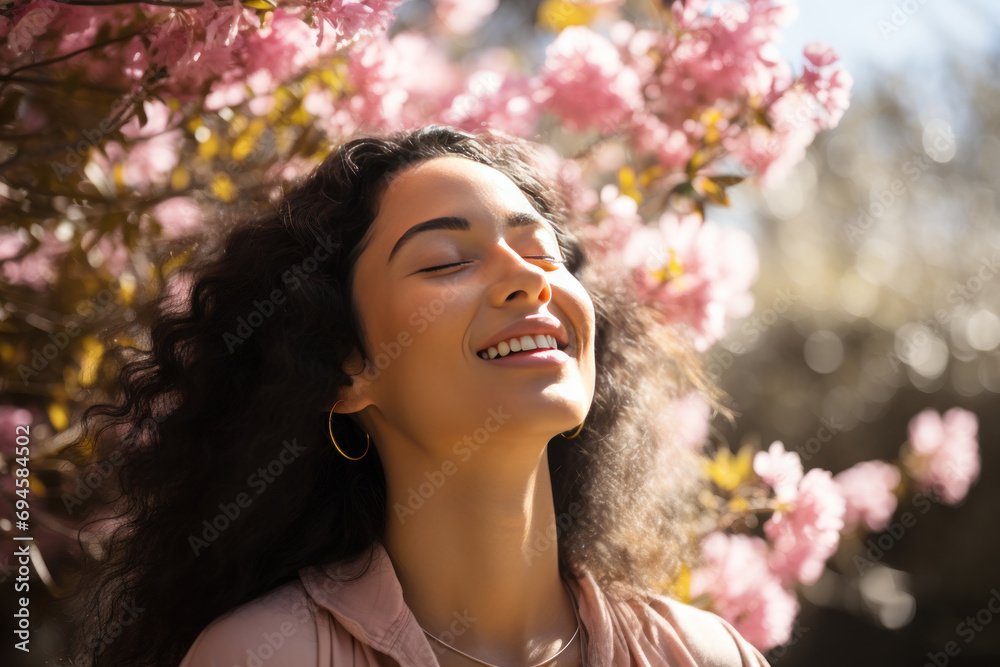 A latin woman breathes calmly looking up enjoying spring air A latin woman breathes calmly looking up enjoying spring air