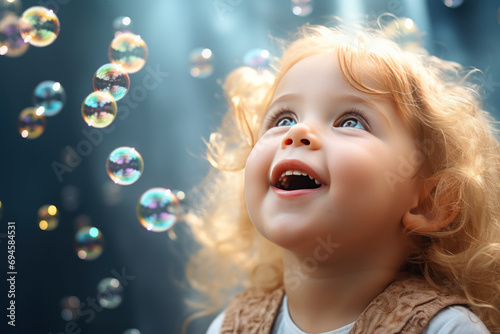 Happy blonde little girl excited looking up in the bubbles