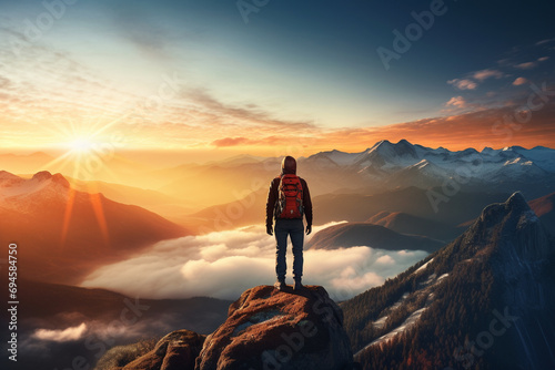 A mountain climber reaching the summit, overlooking a breathtaking landscape at sunrise