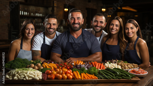 Happy culinary team of chefs smiling together behind a table of fresh vegetables in a restaurant setting.