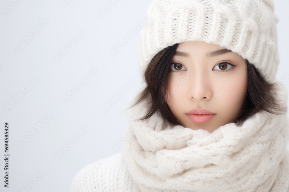 young pretty asian woman wearing white knitted sweater, scarf and hat, posing on isolated white studio backgroun young pretty asian woman wearing white knitted sweater, scarf and hat, posing on isolated white studio backgroun
