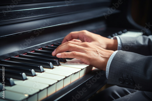 A pianist passionately playing a complex classical piece, his fingers dancing over the keys