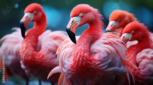 Close-up of a group of vibrant pink flamingos with detailed feathers and beaks, in a shallow depth of field.