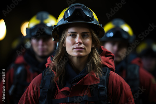 Female firefighter with determined gaze, wearing safety gear, in focus against a blurry team background. © Pavel
