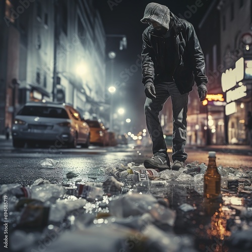 Fentanyl drug crisis, urban street. A homeless addict standing next to a large pile of trash scattered on the ground. Post apocalyptic night modern city. Zombie