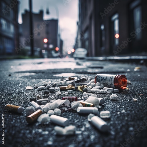 Fentanyl drug crisis, urban street. A large pile of empty capsules and bottles scattered on the ground. Post apocalyptic modern city. Raining