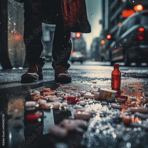 Fentanyl drug crisis, urban street. An addict standing next to a large pile of capsules scattered on the ground. Post apocalyptic modern city. Raining photo