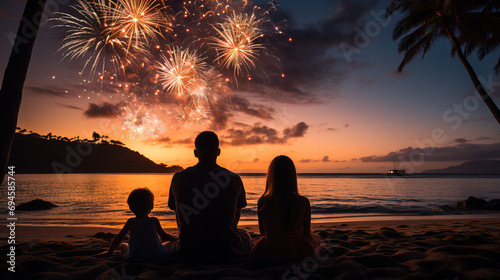 Silhouetted family watching a vibrant fireworks display over the ocean at a tropical beach during sunset.