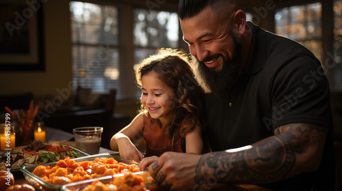 Tattooed father and young daughter bonding while enjoying a meal together in a warmly lit dining room.