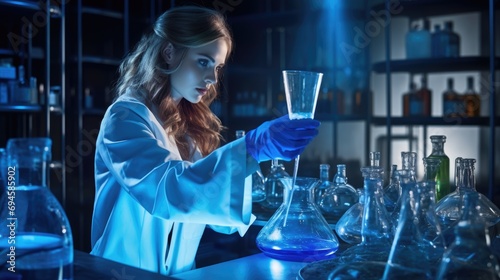 Young woman scientist conducting research investigations in a medical or perfume lab. AI Generated