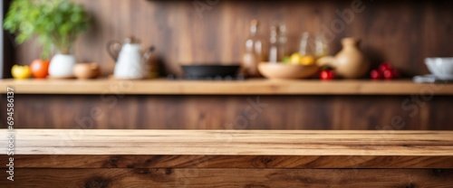 Blurred Kitchen Countertop on Empty Wooden Table Background, Wooden Table © varol