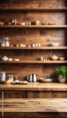 Blurred Kitchen Countertop on Empty Wooden Table Background, Wooden Table © varol