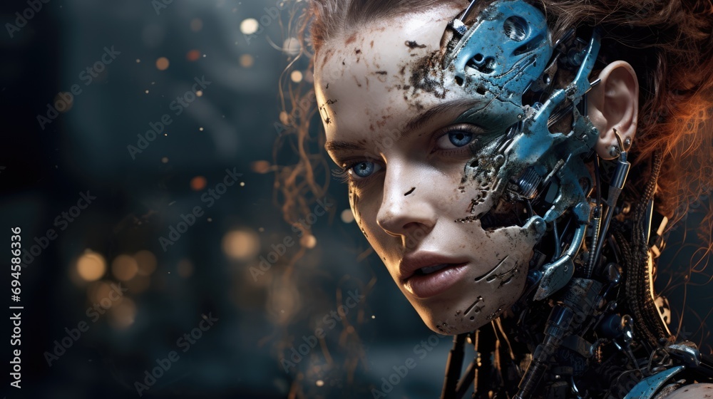 AI concept. Artificial intelligence technology. Futuristic female android, robot. AI Generated