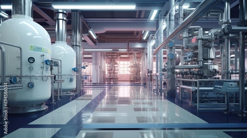 Chemical factory. Interior of a high-tech plant with tanks and pipes. Pharmaceutical or medical laboratory. AI Generated