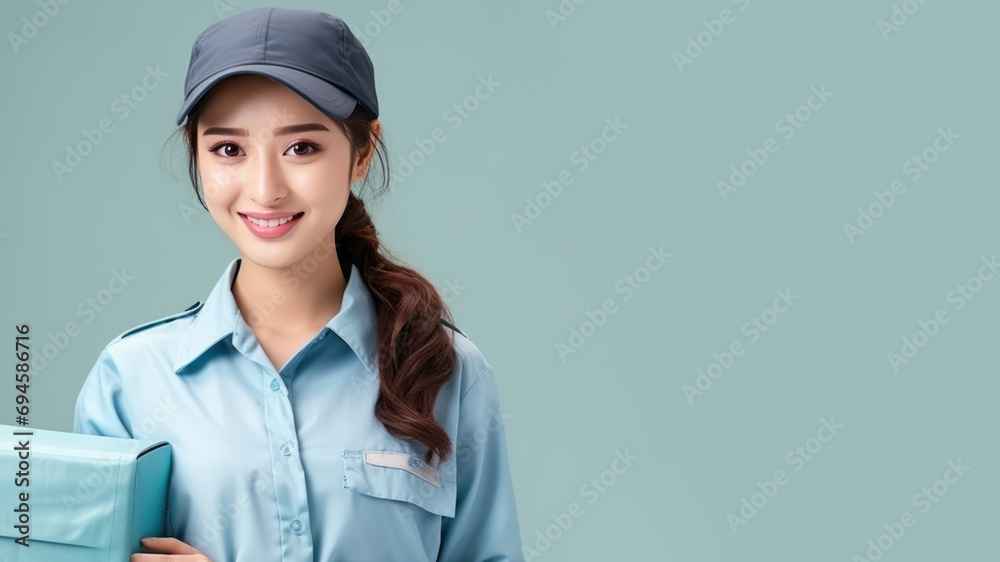Asian woman in postal officer uniform isolated on pastel background Asian woman in postal officer uniform isolated on pastel background