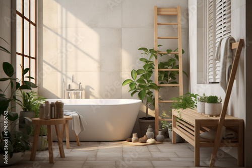 a simple bathroom with white tile and plants, in the style of photorealistic scenes © Ricardo Costa