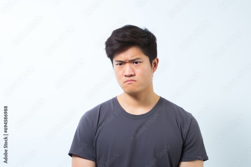 Fototapeta premium Confused Young Man with Frown on Plain Background. Generative AI.
