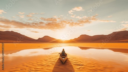 person in a boat in the desert