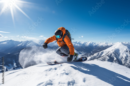 A snowboarder gliding down a snowy mountain slope, skillfully navigating turns